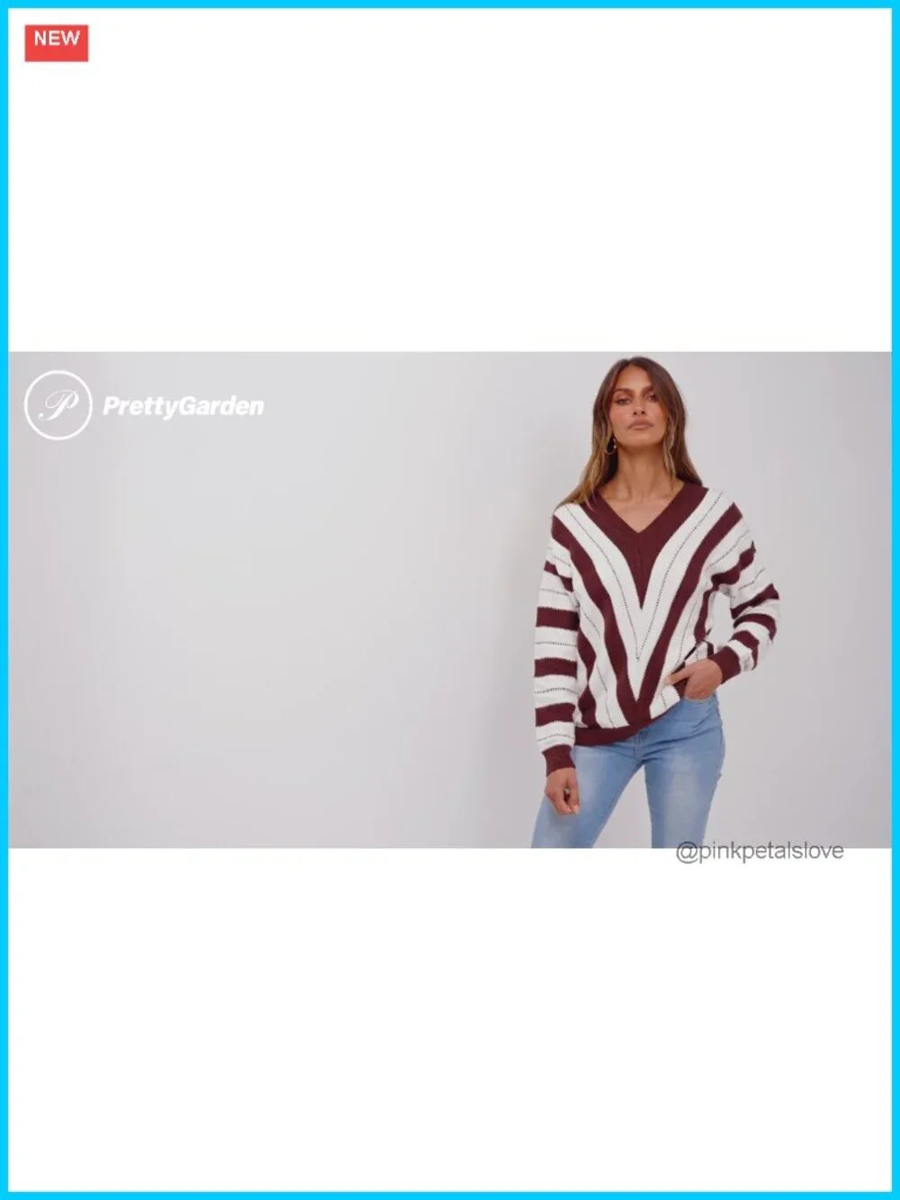 PRETTYGARDEN Women's V-Neck Striped Knit Pullover Sweater Long Sleeve